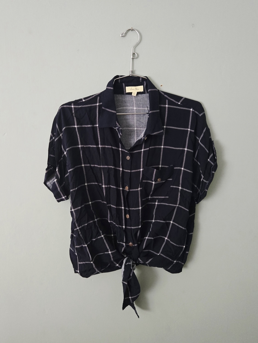Love Notes Navy Plaid Tie-Front Button Down Top, size Large